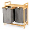 Natural Bamboo 2 Bin Sliding Laundry Hamper with Storage Shelf