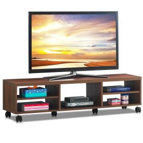 Modern 60-inch Entertainment Center TV Stand in Brown Wood Finish with 6-Wheels