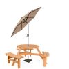 Outdoor Round Wood Picnic Table Bench Set with Umbrella Hole - Seats 6