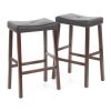 Set of 2 - Upholstered Faux Leather Saddle Seat Barstool in Mahogany