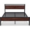 Full Metal Platform Bed Frame with Mahogany Wood Panel Headboard Footboard