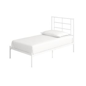 Twin Size Modern White Metal Platform Bed with Geometric Headboard