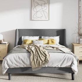 Full Size Grey Linen Blend Upholstered Platform Bed with Wingback Headboard