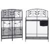 Black Metal Potting Bench with Wrought Iron Vine Accents and Fabric Potting Sink