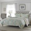 King size 3-Piece Reversible Cotton Quilt Set with Seafoam Blue Beige Floral Pattern