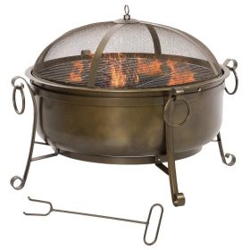 Large Wood Burning Fire Pit Cauldron Style Steel Bowl w/ BBQ Grill, Log Poker, and Mesh Screen Lid