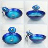 Modern Blue Glass Bathroom Vessel Sink and Faucet with Chrome Drain