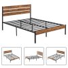 Queen Industrial Platform Bed Frame with Brown Wood Slatted Headboard Footboard