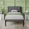 Twin Metal Platform Bed Frame with Gray Button Tufted Upholstered Headboard