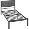 Twin Metal Platform Bed Frame with Gray Button Tufted Upholstered Headboard