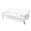 White Faux Leather Convertible Sofa Futon with 2 Cup Holders