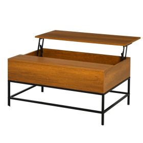 Traditional Farmhouse Brown Lift Top Coffee Table w/ Hidden Storage Black Metal Legs