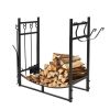 Black Metal Firewood Holder Log Rack with Poker Shovel Tongs and Broom