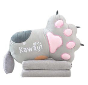 Cute Cat Paw Plush Sofa Bed Decorative Throw Pillow Cushion with Blanket for Office Home; Gray