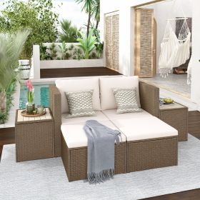 Outdoor 6-Piece Garden Furniture Set; PE Wicker Rattan Sectional Sofa Set with 2 Tea Tables; Brown Wicker+Beige Cushion