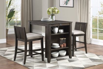 Transitional Design Dark Cherry Finish 3-piece Pack Counter Height Set Table w Display Shelf USB ports and 2x Counter Height Chairs Fabric Upholstered