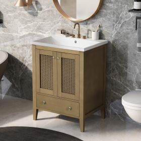 24" Bathroom Vanity with Ceramic Basin; Rattan Bathroom Storage Cabinet with Two Doors and Drawer; Solid Frame; Natural