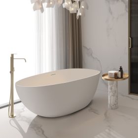 FRALIMK 67" x 33.5" x 22.05" Flat bottom freestanding solid surface resin stone immersion bathtub;  soft white matte anti-skid