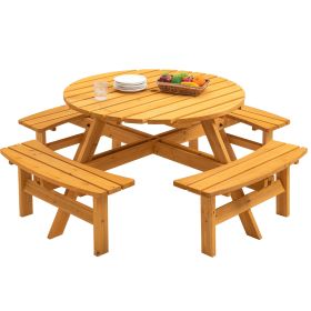 8 Person Wooden Picnic Table, Outdoor Camping Dining Table with Seat, Garden, DIY w/ 4 Built-in Benches, 2220lb Capacity - Natural