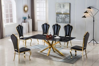 Modern Rectangular Marble Table for Dining Room/Kitchen, 1.02" Thick Marble Top, Gold Finish Stainless Steel Base