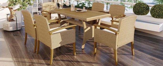 TOPMAX Outdoor Patio 7-Piece Dining Table Set All Weather PE Rattan Dining Set with Wood Tabletop and Cushions for 6, White