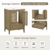 24" Bathroom Vanity with Ceramic Basin; Rattan Bathroom Storage Cabinet with Two Doors and Drawer; Solid Frame; Natural