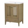 24" Bathroom Vanity with Ceramic Basin; Rattan Bathroom Storage Cabinet with Two Doors and Drawer; Solid Frame; Natural