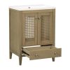 24" Bathroom Vanity with Ceramic Basin; Rattan Bathroom Storage Cabinet with Two Doors and Drawer; Solid Frame; Natural