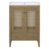 24" Bathroom Vanity with Ceramic Basin; Rattan Bathroom Storage Cabinet with Two Doors and Drawer; Solid Frame; Natural