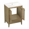 24" Bathroom Vanity with Ceramic Basin; Rattan Bathroom Storage Cabinet with Two Doors and Drawer; Solid Frame; Natural