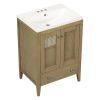 24" Bathroom Vanity with Ceramic Basin; Rattan Bathroom Storage Cabinet with Two Doors and Drawer; Solid Frame; Natural