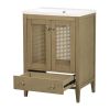 24" Bathroom Vanity with Ceramic Basin; Rattan Bathroom Storage Cabinet with Two Doors and Drawer; Solid Frame; Natural