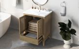 24" Bathroom Vanity with Ceramic Basin; Rattan Bathroom Storage Cabinet with Two Doors and Drawer; Solid Frame; Natural