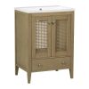 24" Bathroom Vanity with Ceramic Basin; Rattan Bathroom Storage Cabinet with Two Doors and Drawer; Solid Frame; Natural