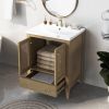 24" Bathroom Vanity with Ceramic Basin; Rattan Bathroom Storage Cabinet with Two Doors and Drawer; Solid Frame; Natural