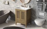 24" Bathroom Vanity with Ceramic Basin; Rattan Bathroom Storage Cabinet with Two Doors and Drawer; Solid Frame; Natural