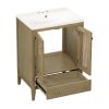 24" Bathroom Vanity with Ceramic Basin; Rattan Bathroom Storage Cabinet with Two Doors and Drawer; Solid Frame; Natural