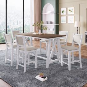 7-Piece Counter Height Farmhouse Wooden Dining Table Set, Rustic Kitchen Furniture Set with 6 Upholstered Dining Chairs (Main Material: Solid Wood, Main Color: White)