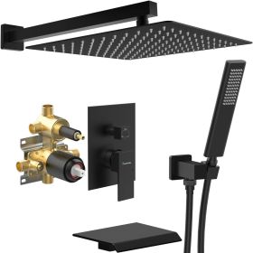 Male NPT Bathtub Shower Faucet Set, Waterfall Tub Faucet with 12-Inch Matte Black Rain Shower Head System (Color: as Pic)