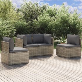 4 Piece Patio Lounge Set with Cushions Gray Poly Rattan (Color: Gray)