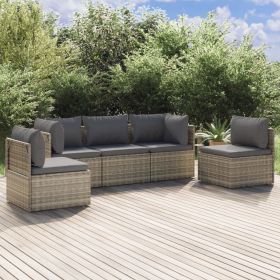 5 Piece Patio Lounge Set with Cushions Gray Poly Rattan (Color: Gray)