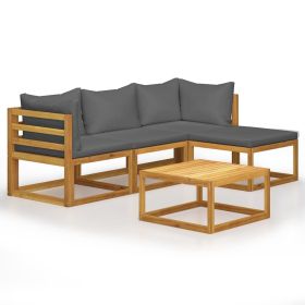 5 Piece Patio Lounge Set with Cushions Solid Acacia Wood (Color: Brown)