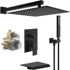 Male NPT Bathtub Shower Faucet Set, Waterfall Tub Faucet with 12-Inch Matte Black Rain Shower Head System (Color: as picture)