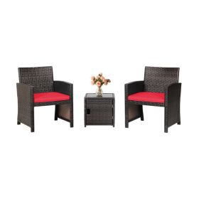 3 Pieces Patio Wicker Furniture Set with Storage Table and Protective Cover (Color: Red)