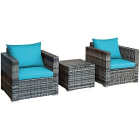 3 Pieces Patio Rattan Furniture Bistro Sofa Set with Cushioned (Color: Turquoise)