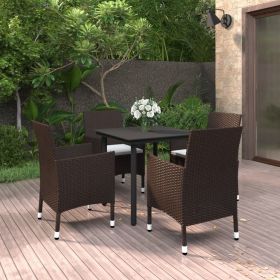 5 Piece Patio Dining Set with Cushions Poly Rattan and Glass (Color: Brown)