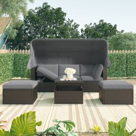 U_Style Outdoor Patio Rectangle Daybed with Retractable Canopy, Wicker Furniture Sectional Seating with Washable Cushions, Backyard (Color: as Pic)