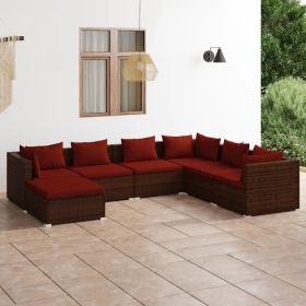 7 Piece Patio Lounge Set with Cushions Poly Rattan Brown (Color: Brown)