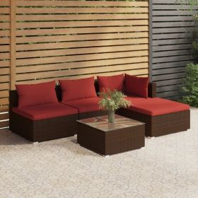 5 Piece Patio Lounge Set with Cushions Poly Rattan Brown (Color: Brown)