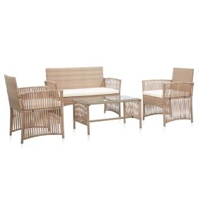 4 Piece Patio Lounge Set with Cushions Poly Rattan Beige (Color: Beige)